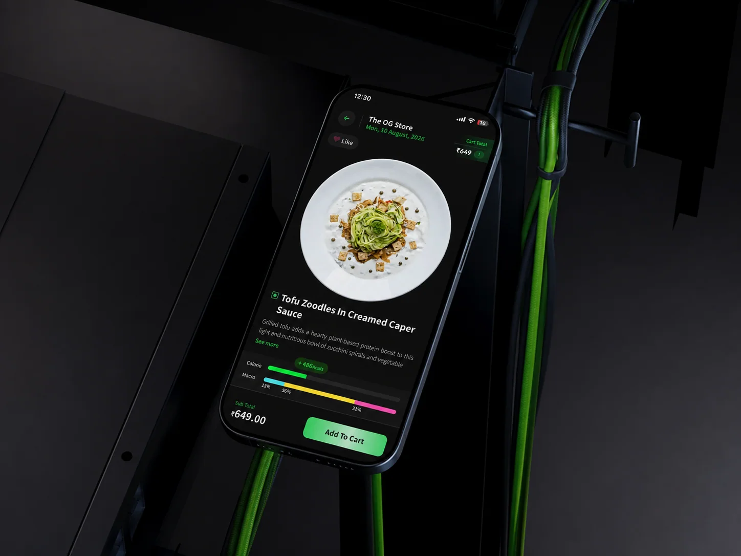 OG Nutrition native app showing a meal and live nutrition analytics against a dark technical background.